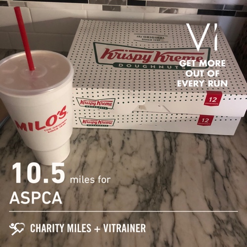ColeBensinger's tweet photo. 10.5 @CharityMiles for @TeamASPCA. Thx @Vi_Trainer for sponsoring me! Krispy Kremes and Milo’s were my reasons to run today! #runAlabama https://t.co/4MVpfcN074