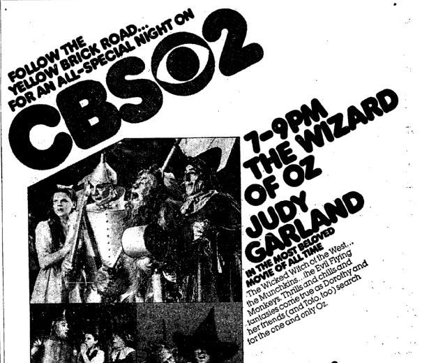 Sunday 3/14/76 at 7 pm. For 18th showing, OZ returned to CBS, where it aired every year (except 1992, 1995 and 1997) until 1998 with two showings in 1991 and 1993. Beginning in 1985, it was time compressed several times to avoid cuts as commercial loads increased.  #TCMParty