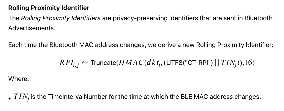 To achieve this, the protocol derives an RPI every time the Bluetooth MAC changes, as follows: