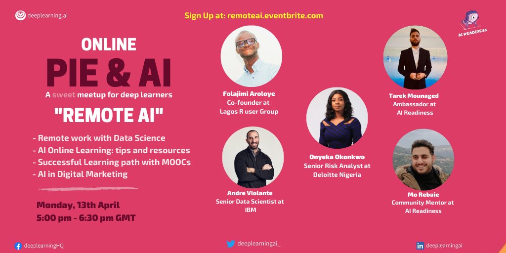 MoRebaie's tweet photo. Join our Pie &amp; AI @deeplearningai_ online meetup about #OnlineLearning, #RemoteWork and #DigitalTransformation.
Sign up at:
https://t.co/Oqk7HIsPRL https://t.co/guoaHVqu49