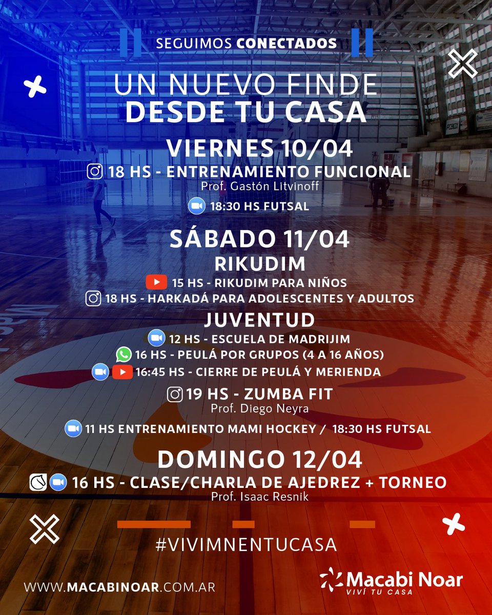 macabinoar's tweet photo. ¡Los findes siguen siendo de Macabi Noar! ¡Compartimos la grilla de actividades de estos días para que no te pierdas de ninguna! ¡Estemos más activos que nunca! #viviMNentucasa #quedateencasa #MN2020 #SábadoMN https://t.co/OYAG4hhRo7