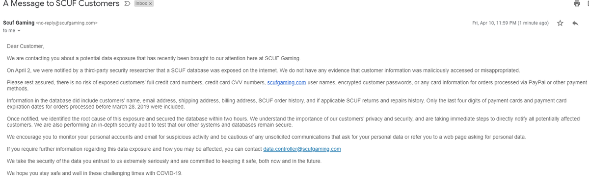 Mazroa's tweet photo. you were hacked over a week ago (April 2) & you knew about it!! you are just informing your clients now?! (April 11)?
@ScufGaming
#gamers
#hacked
#sucfHacked
#lateresponse https://t.co/UScnUcONKi