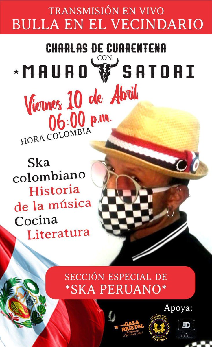 MauroSatori's tweet photo. Hoy a las 6pm hora Colombia estaré compartiendo en transmisión en vivo desde:
👉 https://t.co/agX0m2SNxr
#bullaenelvecindario #charlasdecuarentena Especial #skacolombiano y #skaperuano invitación cordial mis vecis! #unionskacolombia #latinoamericaska #mundoska https://t.co/Meo2P8UJiF