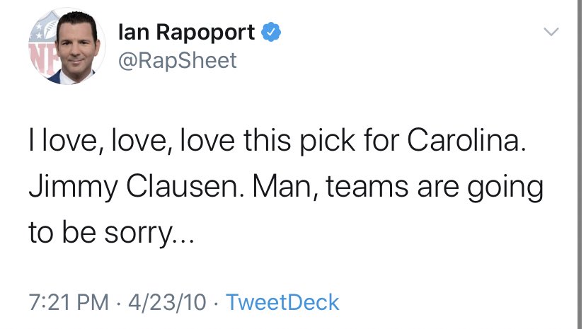 Jimmy Clausen (2010)His personal coach once called him the “LeBron James for football.” Of course, Mel Kiper said he’d retire if Clausen was not successful. A great  @RapSheet classic in the collection as well.