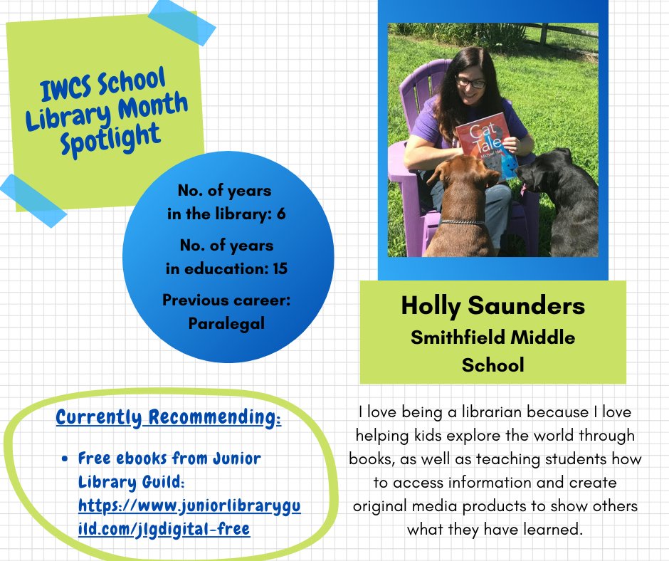 HattieGarrow's tweet photo. It’s School Library Month… Spotlight on @SMSIWCS librarian Holly Saunders! #PantherSharp #LeaveaLegacy #AASLslm @IWCSchools https://t.co/R7SwP8UPLJ