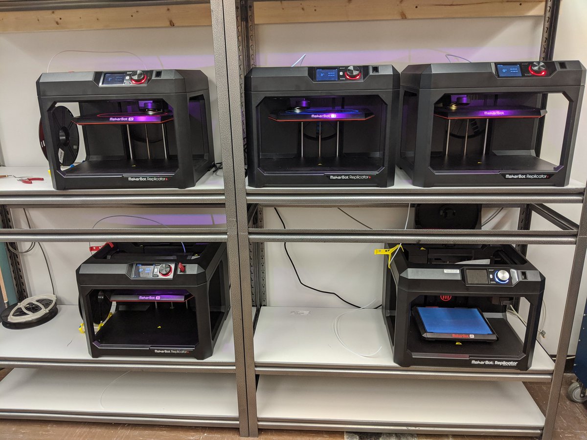 BrianD_VIUEng's tweet photo. Four of our @makerbot #3Dprinters fabricating face mask frames for use by front-line #healthcare workers https://t.co/6ZfMaKC02o