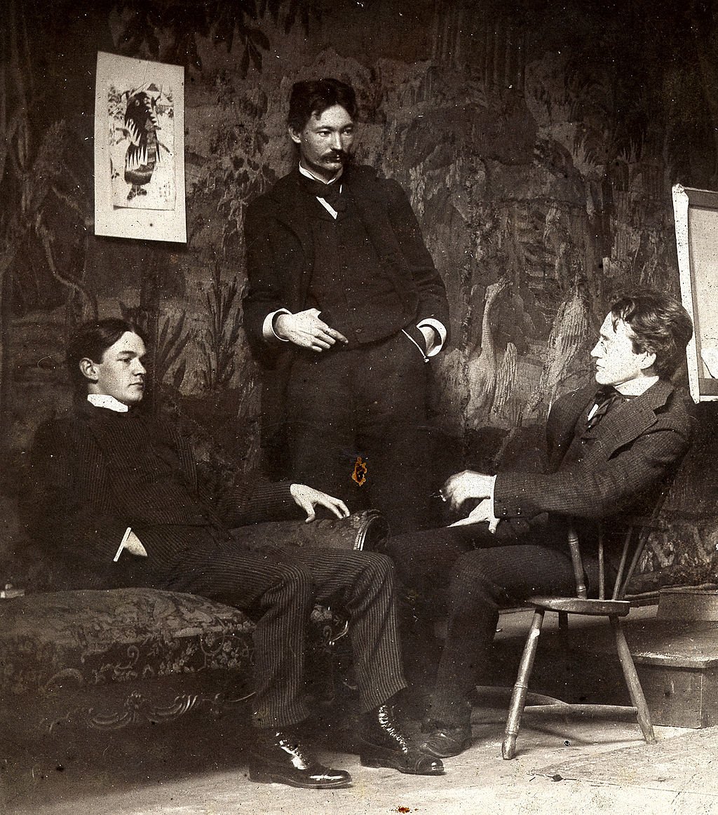 John Sloan, along with fellow newspaper illustrators William Glackens, George Luks, and Everett Shinn, was encouraged by Henri to move from Philadelphia to New York around the turn of the century and become painters.[Photo of Shinn, Henri, and Sloan from the  @ArchivesAmerArt]