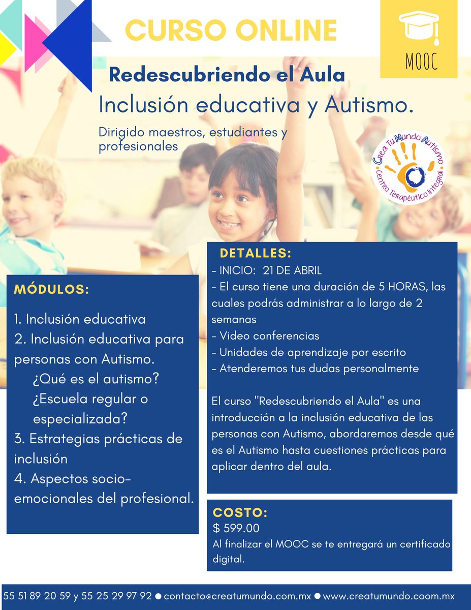 AutismoCrea's tweet photo. ¿Tienes a un #alumno con #autismo en tu aula? Este curso es para ti. 

Curso especialmente diseñado para maestros, terapeutas y padres de una persona con #autismo o #aperger

Precio accesible $599.00

#inclusión #educacióndecalidad #quedateencasa #creatumundo #hablemosdeautismo https://t.co/F5CoPv59ec