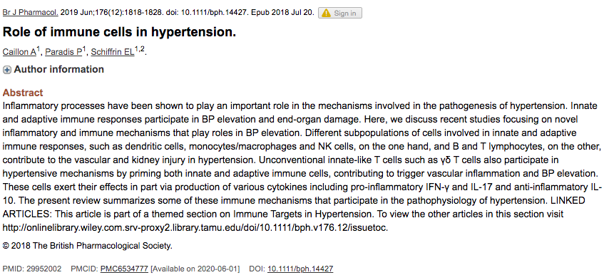 6/Close relationship of hypertension/kidney disease/diabetes, so some overlap in refs2)hypertensionIn short, Angiotensin II (produced by ACE) leads to elevated IL-17A & inflammation and hypertension. Targeting IL-17A lowers blood pressure.PMID 29952002 (recent review)