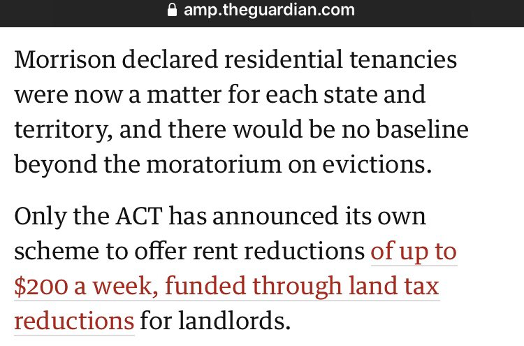 and only Tasmania has legislated the eviction moratorium for residential tenants. So Morrison announcing a moratorium on evictions on the telly has thrown the entire residential tenancy sector into complete chaos, at massive emotional and financial cost, to millions of people.