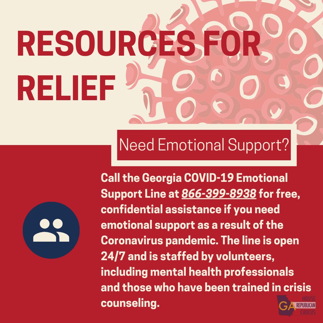 dalerutledge's tweet image. If you need emotional support during these difficult and uncertain times, call the Georgia COVID-19 Emotional Support Line at 866-399-8938 available 24/7 for free, confidential support. You are not alone! #COVID19 #gapol