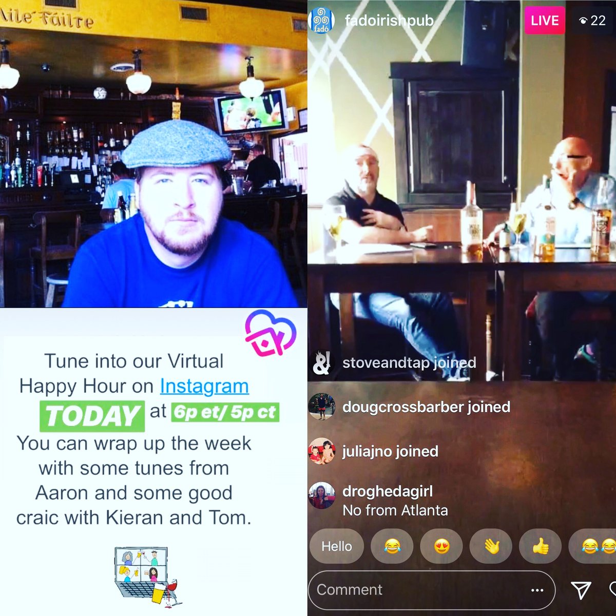 Kieran and Tom are back today on Instagram Live at 6pm for our weekly virtual happy hour! Aaron will be joining too!
Click for details and Follow us <a href="/fadoirishpub/">Fadó Irish Pub</a> —- see ya in a bit! 🎶🍻🇮🇪 instagram.com/p/B-0JI6lp2lo/…