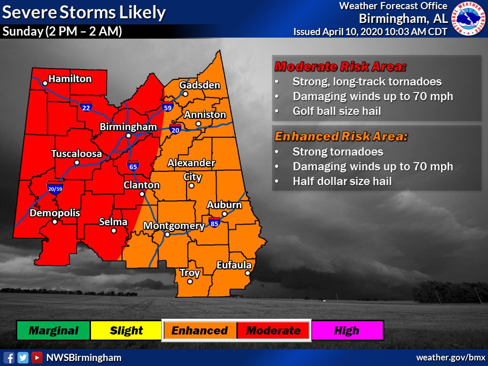 Thread1/6Here is the latest on the severe weather potential for central Alabama for Sunday. We are still forecasting a likely SEVERE WEATHER OUTBREAK for central Alabama Sunday afternoon and evening.  #alwx