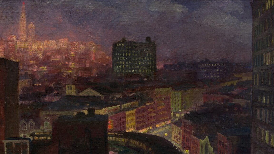 From the artist’s viewpoint, we look over the Greenwich Village rooftops to the brilliantly illuminated skyscrapers, silhouetted on the horizon.