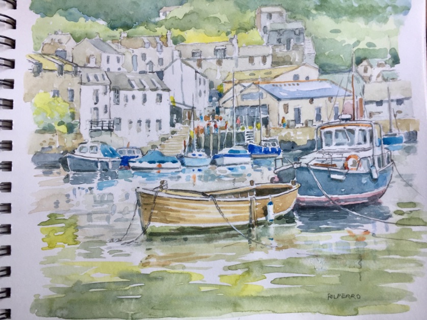 Keeping sketchbook going with pencil and wash sketch from photograph of Polperro.