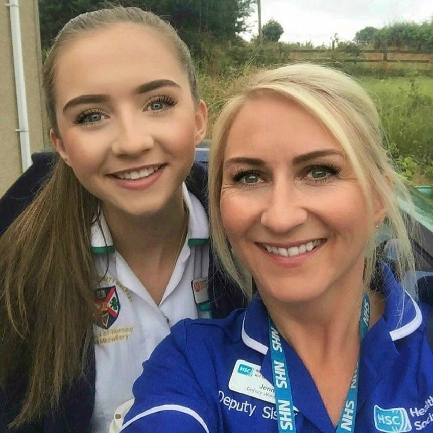 Jennieglee's tweet photo. Final Yr Std nurses ✨love this photo with my wee sister @rosebudholly3 who I trained alongside. Hard to believe that my daughter @Beth_Sims12 is at the same stage &amp;about enter the emergency register as a @BelfastTrust children’s nurse! She was only 10 when I qualified☺️@QUBSONM https://t.co/Wc4zCdwt6X