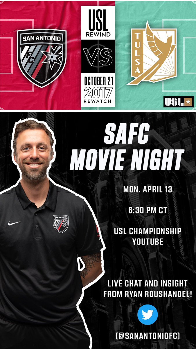 SanAntonioFC's tweet photo. SAFC Movie Night is back this Monday! 

Tune in with us as we rewatch our 2017 playoff win against Tulsa, and be sure to chat live and follow along as Ryan Roushandel gives you the inside scoop on how it went down on the field! #SAvTUL17 https://t.co/sj4l20dE5Q