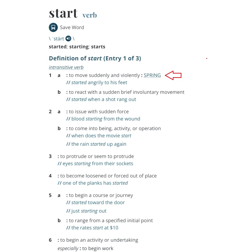 25) In the above post, Q linked to the definition of the word "Start" (I don't know if it's relevant, but the first definition contains the synonym "Spring") https://www.merriam-webster.com/dictionary/start