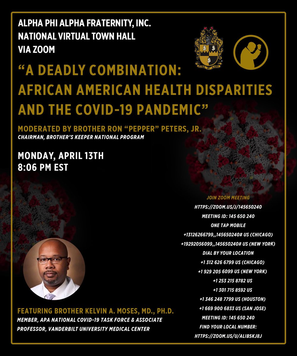 apa1906NETwork's tweet photo. Join Alpha Phi Alpha Fraternity, Inc. National Virtual Town Hall via ZOOM featuring Brother Dr. Kelvin A. Moses and moderated by Brother Ron Peters, Jr., chairman, Brother’s Keeper National Program on Monday, April 13th at 8:06 p.m. EST. https://t.co/iPoHif1CPf