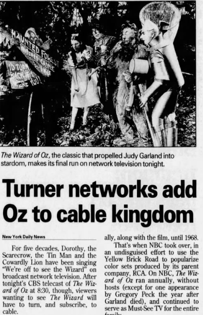 Friday 5/8/98 at 8 pm. 39th legacy network broadcast was last for CBS, which had extended its OZ license in a deal that involved surrendering balance of its 20-year lease on GONE WITH THE WIND, which never lived up to the network's hopes as a perennial, to Ted Turner.  #TCMParty