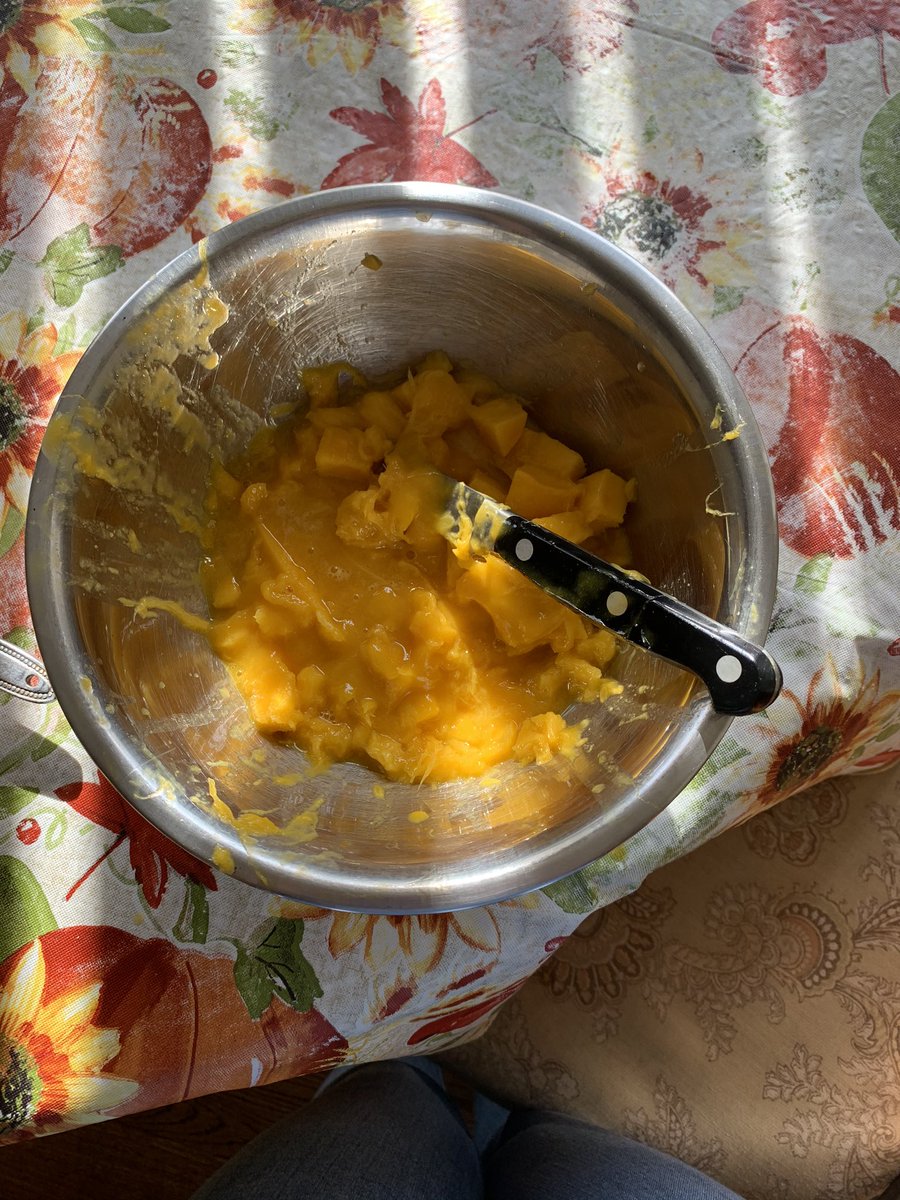 Take your mango (about 2?) put it in the blender, and strain!