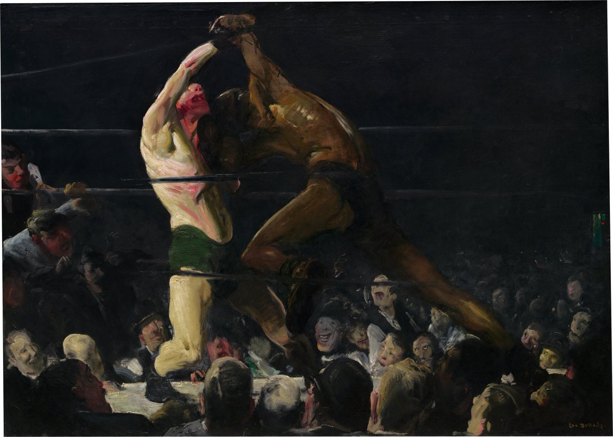 “Both Members of This Club” is the third and largest of Bellows’s early prizefighting subjects. As public boxing matches were banned in New York state, the title refers to private athletic clubs’ practice of introducing the contestants to the audience as “both members.”