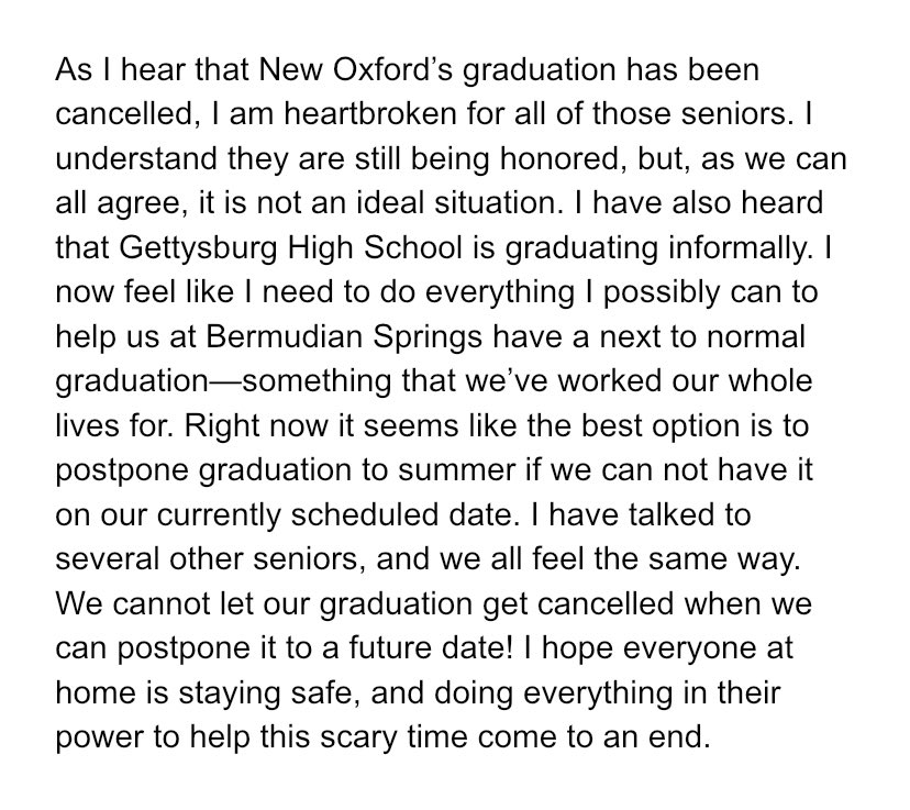 Attention all Bermudian Springs Seniors: Please retweet this so <a href="/shane_hotchkiss/">Shane Hotchkiss</a> can see that we want a graduation! By retweeting this you are supporting postponing graduation over cancelling it—if it comes down to it! Please help save our last senior moment! #fightforgraduation