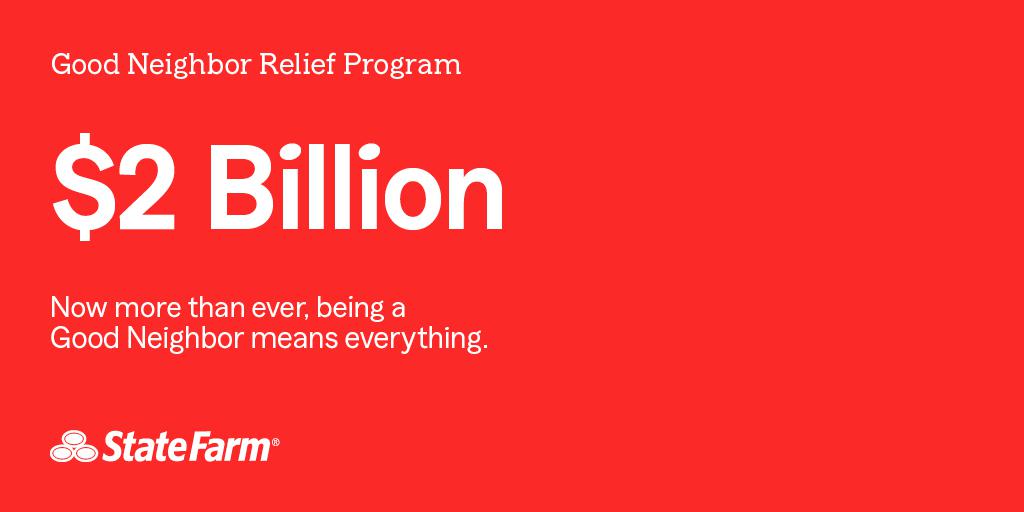 StateFarmButler's tweet image. I'm excited to announce the Good Neighbor Relief Program! Our customers with auto policies in force between March 20 and May 31 will receive on average a 25% policy credit (no policyholder action needed). That’s 2 billion dollars in customer savings! ow.ly/wT2o50zbm69