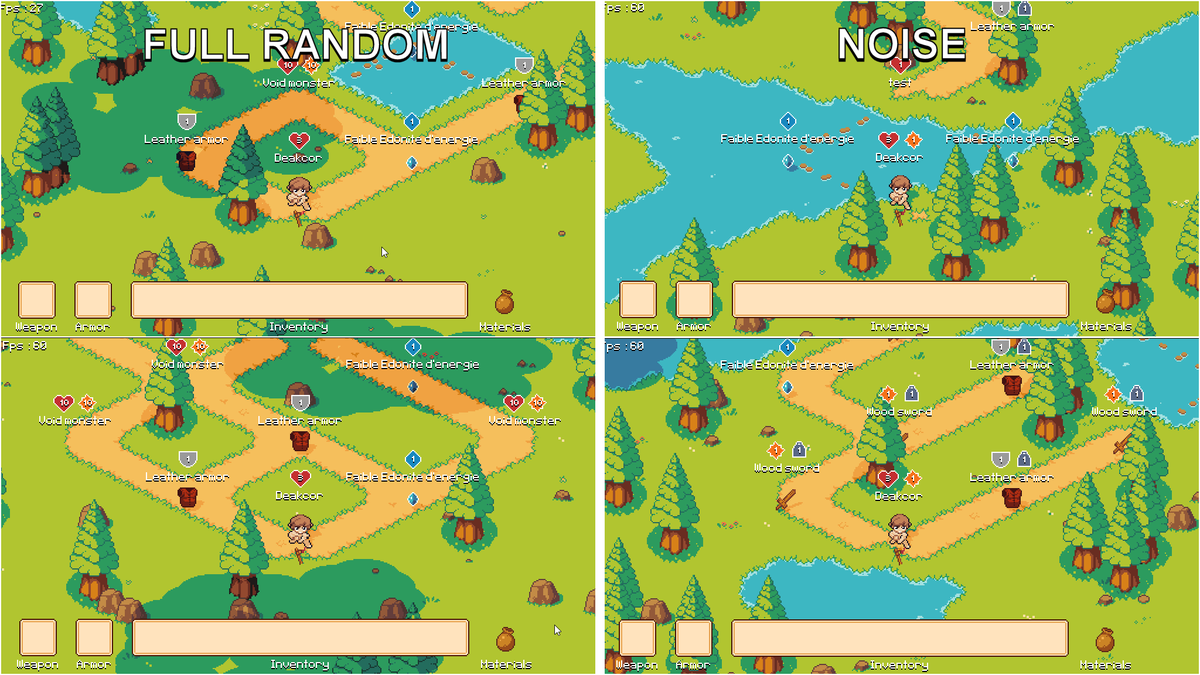 deakcor's tweet image. I've been working on the random generation of my sets. Trees and block water were placed randomly. I replaced that with a simplex noise. a few more adjustments to be made but I think it's much better!😄 
Oh, I also now use gles2 because of performance.
#GodotEngine #gamedev