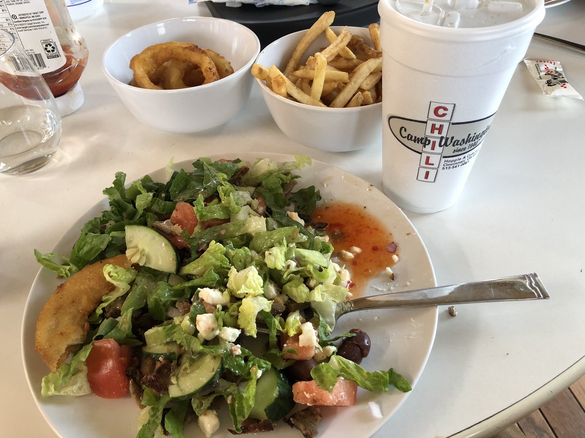 seantmullaney's tweet photo. @CampWashChili is open for business!! #Drivethrough and #carryout  #greeksalad #onionrings #fries #doublecheeseburger #5waychili https://t.co/g3KnQdQKX4