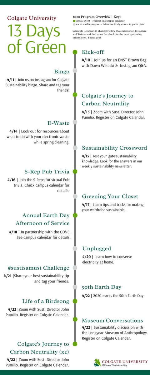 colgatesust's tweet photo. 13 Days of Green begins today! Find more information on the campus calendar early next week. We look forward to celebrating this @colgateuniv  tradition with you all! https://t.co/DPyUo3ovQ1