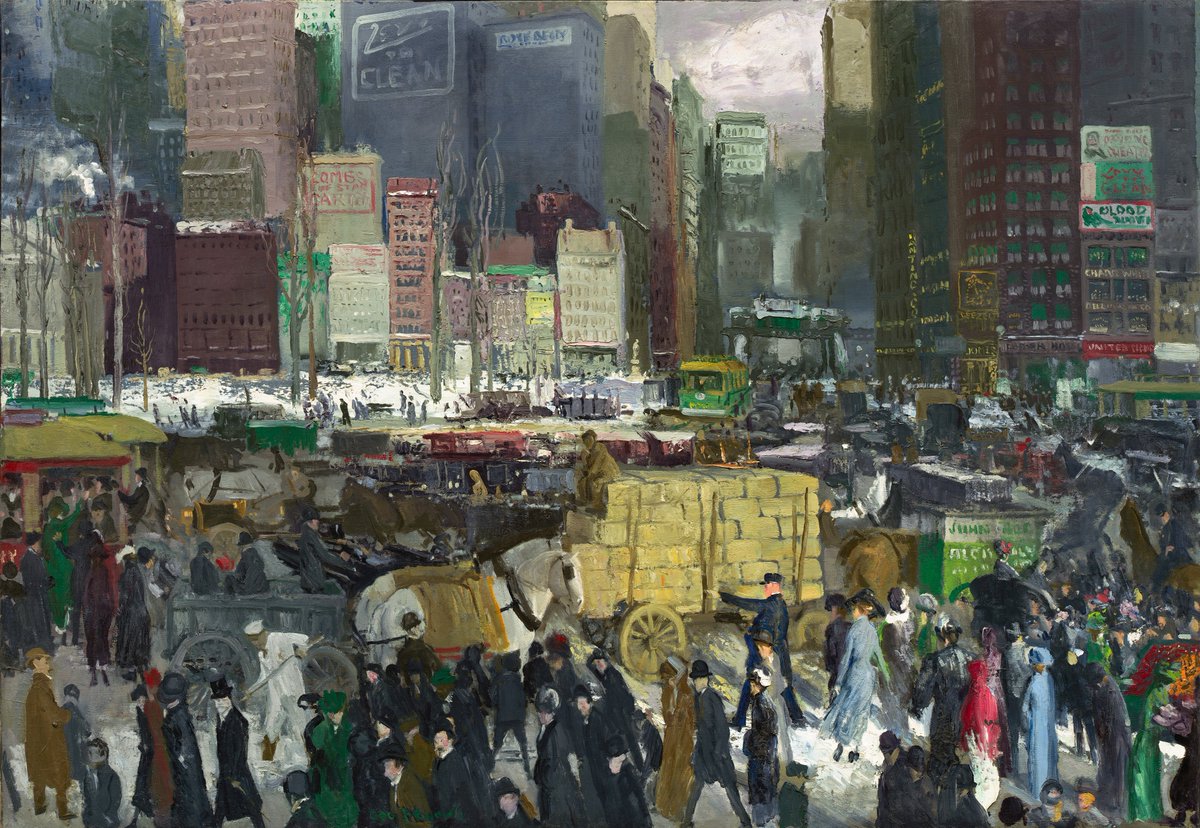 We turn next to Bellows’s “New York,” completed in 1911. This is a large, ambitious painting—the canvas is five feet wide—in which Bellows captures the New York City of his day.