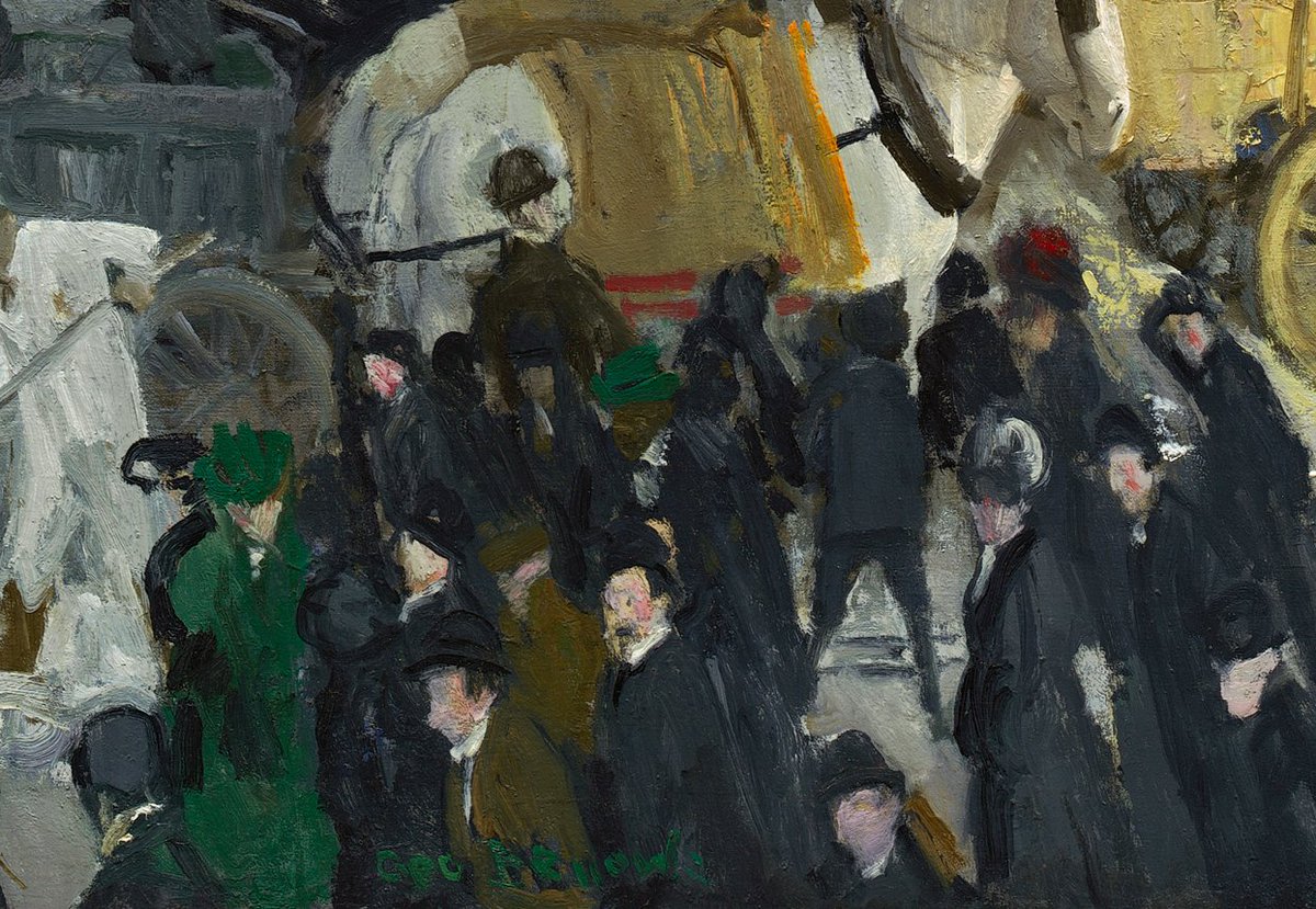 Bellows would often include one figure who looks out of the painting, at the viewer. In “New York,” we find such a man at the bottom of the canvas, and his glance at us over his shoulder invites us into the scene.