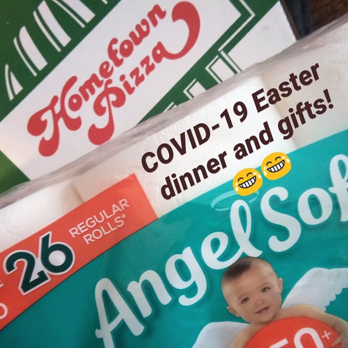 LareeWheelerGD's tweet photo. We haven't had Hometown Pizza for months, and we haven't been able to find decent toilet paper for weeks, so this was exactly what we needed! 😂😂 Thank you Mom and Dad! 💕💕😘

#covid19easter #easter2020 #tpftw https://t.co/AlzANJckzg