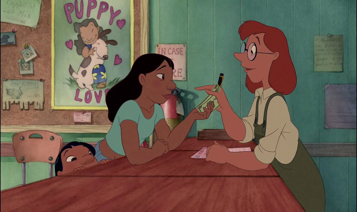 This is one of my fav sequences in the movieLilo asking if she can pay for Stitch and Nani taking the money back, giving it to Lilo just so they can do everything again is amazing. Again, Nani just showing support for her sister in little ways and not judging her quirks.