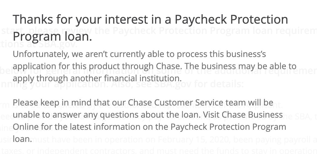 SandyGeeFilms's tweet photo. @Chase After hours of trying to get online to submit, 4 days AFTER many businesses have applied I get this. In your clients' time of greatest need you say go elsewhere &amp; won't talk to us. Whether I have $1 or 1billion, this shows the kind of bank you are. Bye bye, Chase. https://t.co/PdP5gruG4v