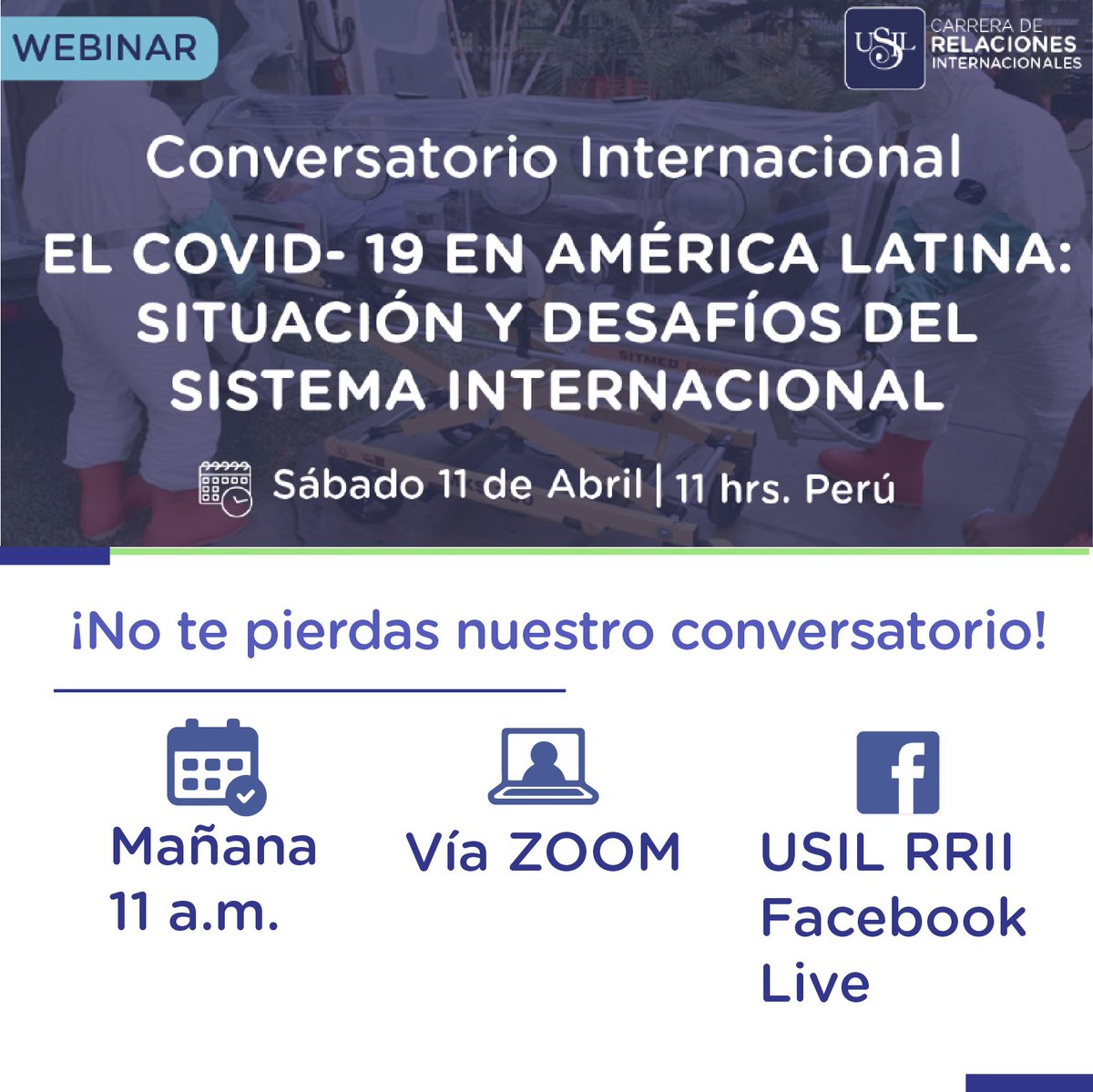 usilRRII's tweet photo. 📢 ¡No te pierdas de nuestro conversatorio!
Mañana a las 11 a.m. tenemos una cita vía ZOOM y Facebook Live. Si no tienes el ID de ZOOM, sintoniza la conferencia desde nuestra cuenta de USIL RRII (link directo: https://t.co/bYiwaab84w   ) . https://t.co/QPvh9yj5Vc