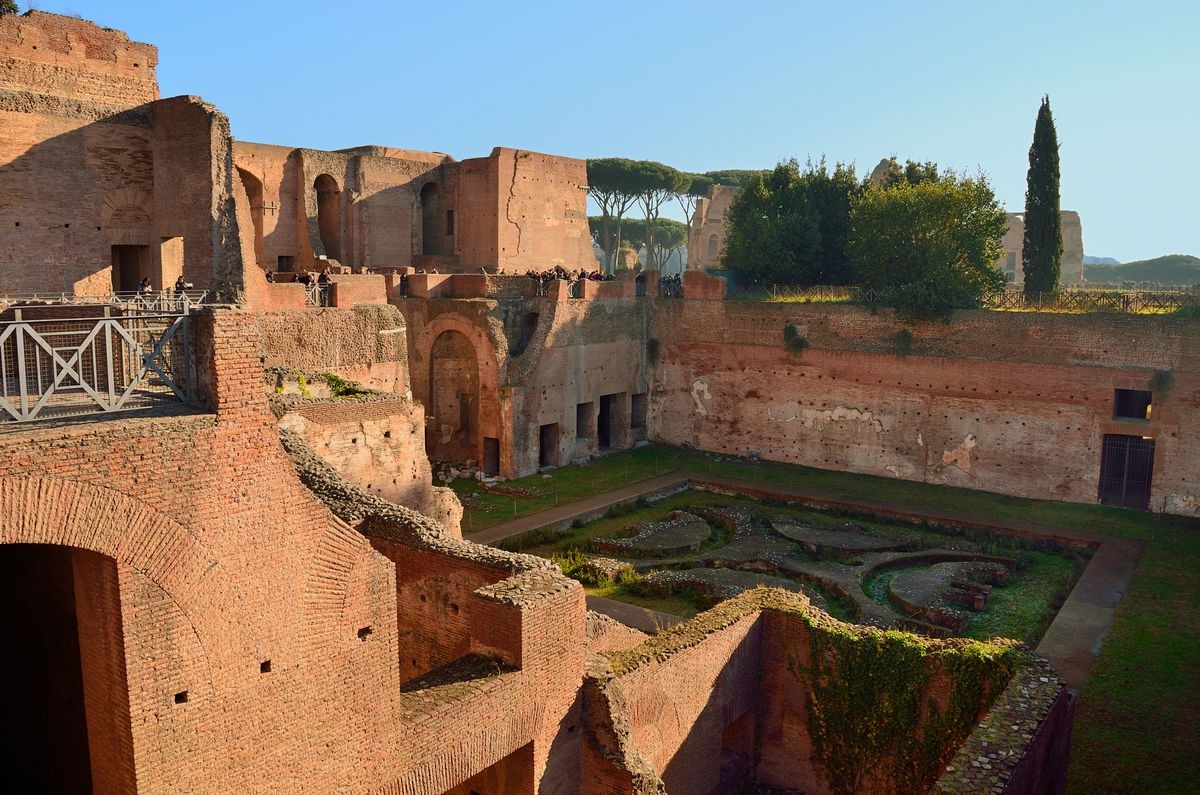 the palatine hill- centremost of the seven hills of rome, one of the oldest parts of the city- best views of the roman forum from there- domus flavia, house of livia, house of augustus, farnese gardens, hippodrome of domitian, palatine museum