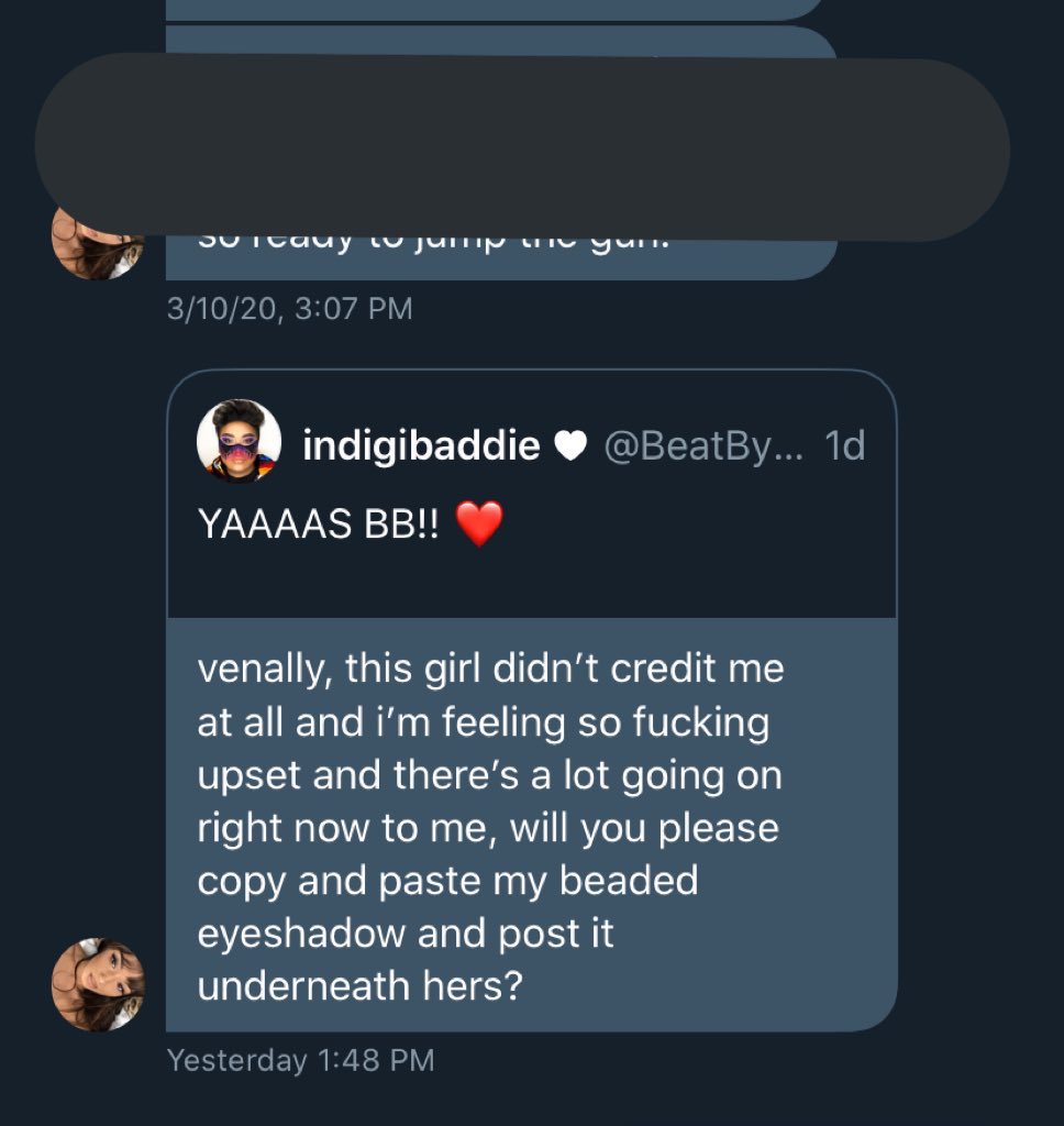 Madison became obsessed with wanting credit to the point where she was publicly and privately asking people to hijack this tweet & spamming it with her beaded eyeshadow look/tweet. She even asked me via DMs, at this point I was too busy picking sage w/ my grandma to be on twitter