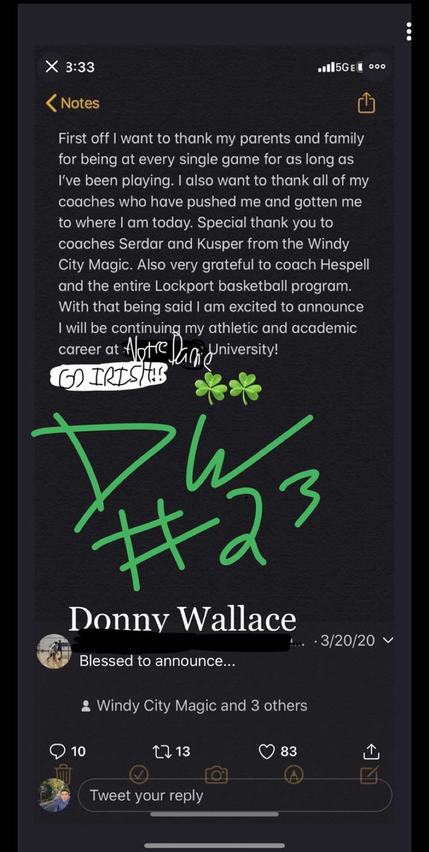 bballbaseball10's tweet photo. After a very aggressive recruitment, Donny has decided to attend Notre Dame. He has yet to receive an offer, but it’s definitely on the way probably. Donny would like to thank Coach K, Roy Williams and others for their interest and expects to win a national championship next year https://t.co/vWrAEoAeR0