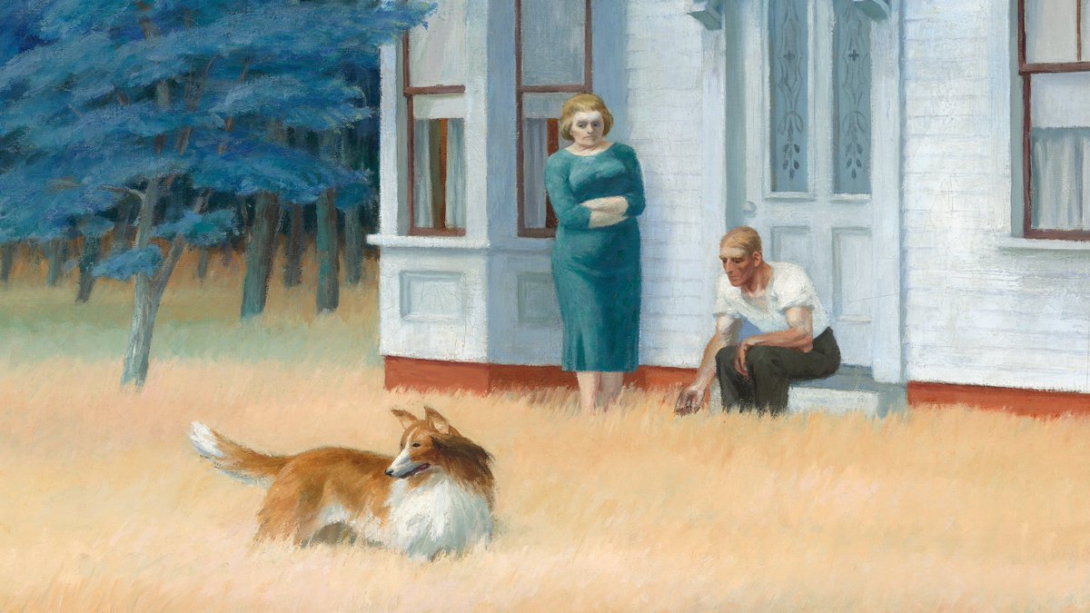 We encounter the two figures and the collie dog at an ambiguous moment. Their body language exudes tension, and the dog’s alert stance is foreboding. His gaze is directed at something we cannot see.