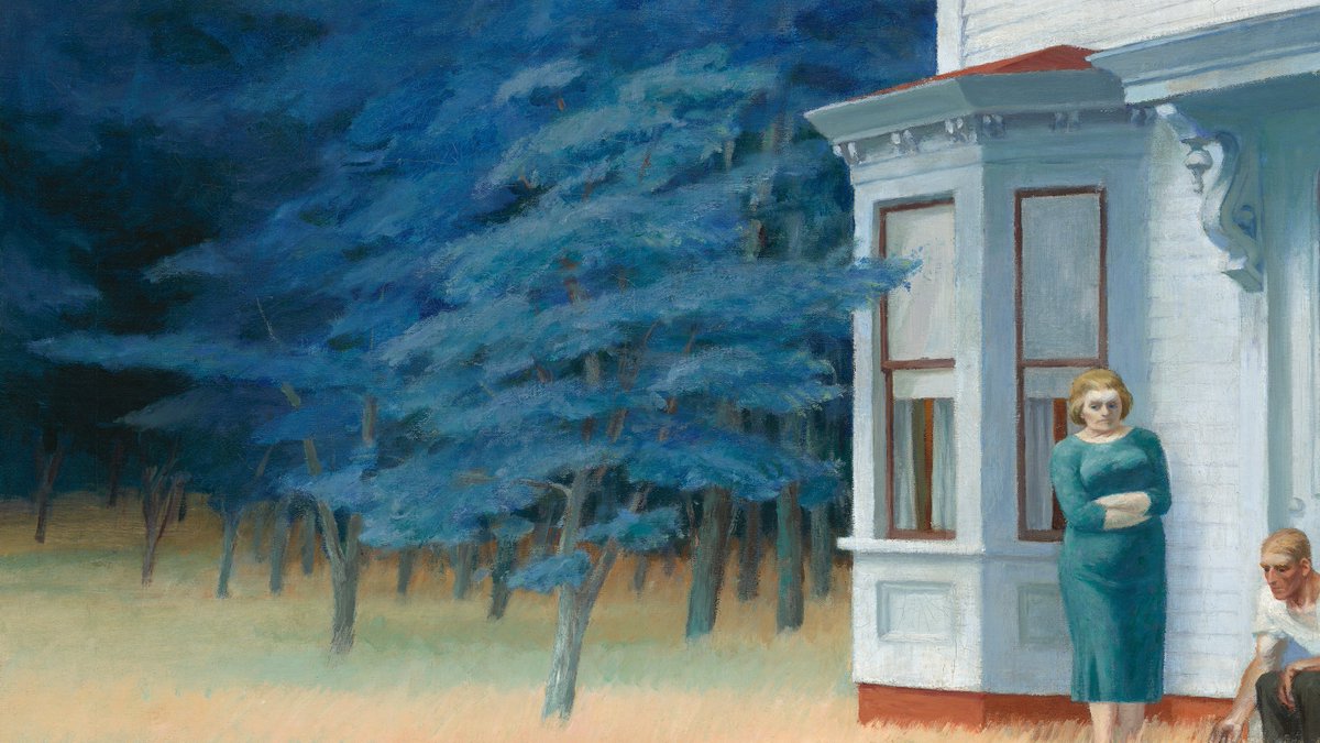 Adding to the sense of disquiet in the painting is the encroachment of the grove of blue-green locust trees upon the house. One tree is nearly touching the house, its branch outlined against the bay window.