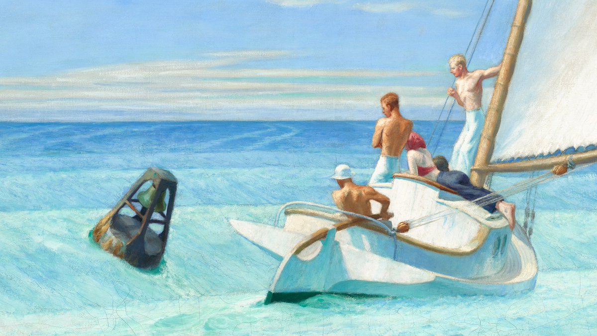 The blue sky, sun-kissed figures, and vast rolling water strike a calm note in the picture. However, the disengagement of the figures from each other, and their preoccupation with the bell buoy placed at the center of the canvas, call into question this initial sense of serenity.
