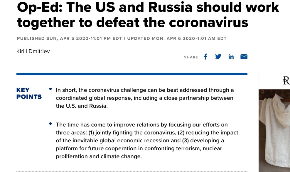 On Sunday Dmitriev published a fascinating yet little-noticed op-ed in an unusual place: CNBC’s website. Few foreign policy wonks read it, but this is precisely the kind of outlet Trump relies on. It's a perfect script for how to talk to Trump.  https://www.cnbc.com/2020/04/06/op-ed-us-and-russia-should-work-together-to-defeat-coronavirus.html 7/X