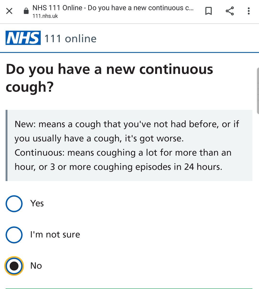 Being in the UK, I turned to the NHS online symptom checker, quick to use, and based upon the questions they asked me and my answers, it came back saying it’s unlikely that I have the virus – the definition of the virus is relatively narrow in the UK from what I’ve read 3/n