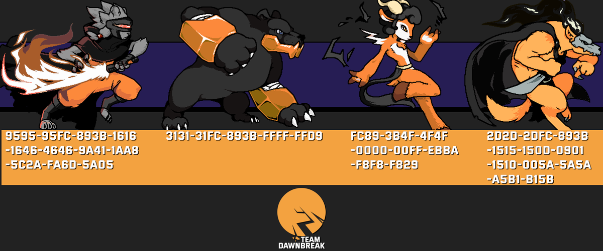 TeamDawnbreak's tweet photo. Playing @RivalsOfAether??
Take a look at our #TeamDawnbreak Custom Colors and try them out if you like them!!

To use them go to Extras --> Custom Colors --> Color Codes --> Copy the code of the skin you like --> Press Save!!

(you can use the thread below to copy the codes) https://t.co/Hdw2zB6m6y