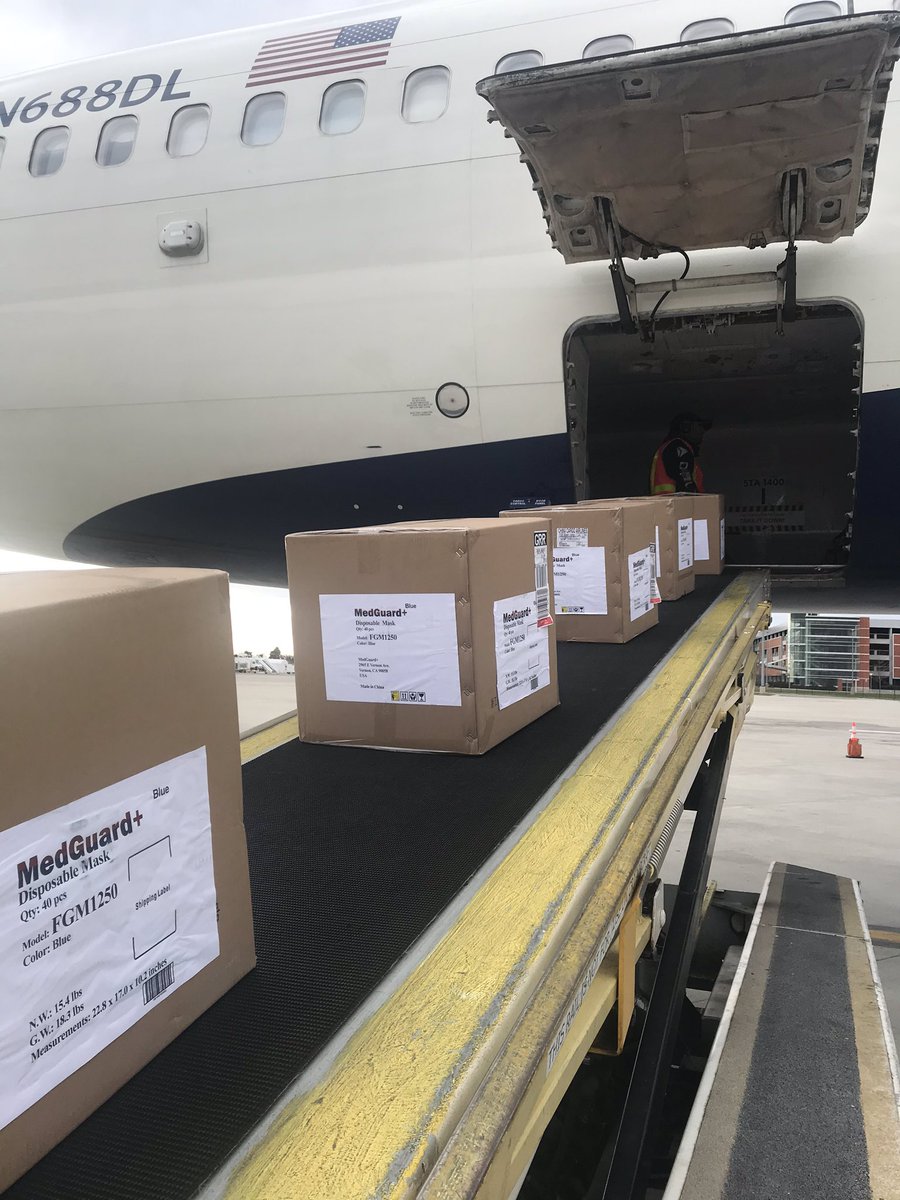 This <a href="/Delta/">Delta</a> flight landed at GRR tonight from <a href="/flyLAXairport/">LAX Airport</a> with a half million surgical masks &amp; PPE weighing 5000+lbs. Just one of the reasons we keep moving - to make sure supplies &amp; essential items are delivered around West Michigan. #WestMichiganStrong #Cargo #SlowTheSpread