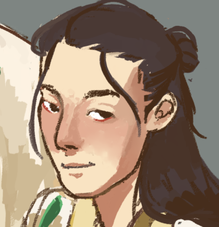 A close up of Gao Zhinu. His hair is the same as Wu Zetian's, but shorter. He's pale and smirking into the camera.