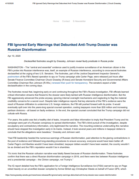 TIP  @JiggedKushner FBI Ignored Early Warnings that Debunked Anti-Trump Dossier was Russian Disinformation • Chuck Grassley  https://www.grassley.senate.gov/news/news-releases/fbi-ignored-early-warnings-debunked-anti-trump-dossier-was-russian-disinformation#.XpDymI0-Jr8.twitter