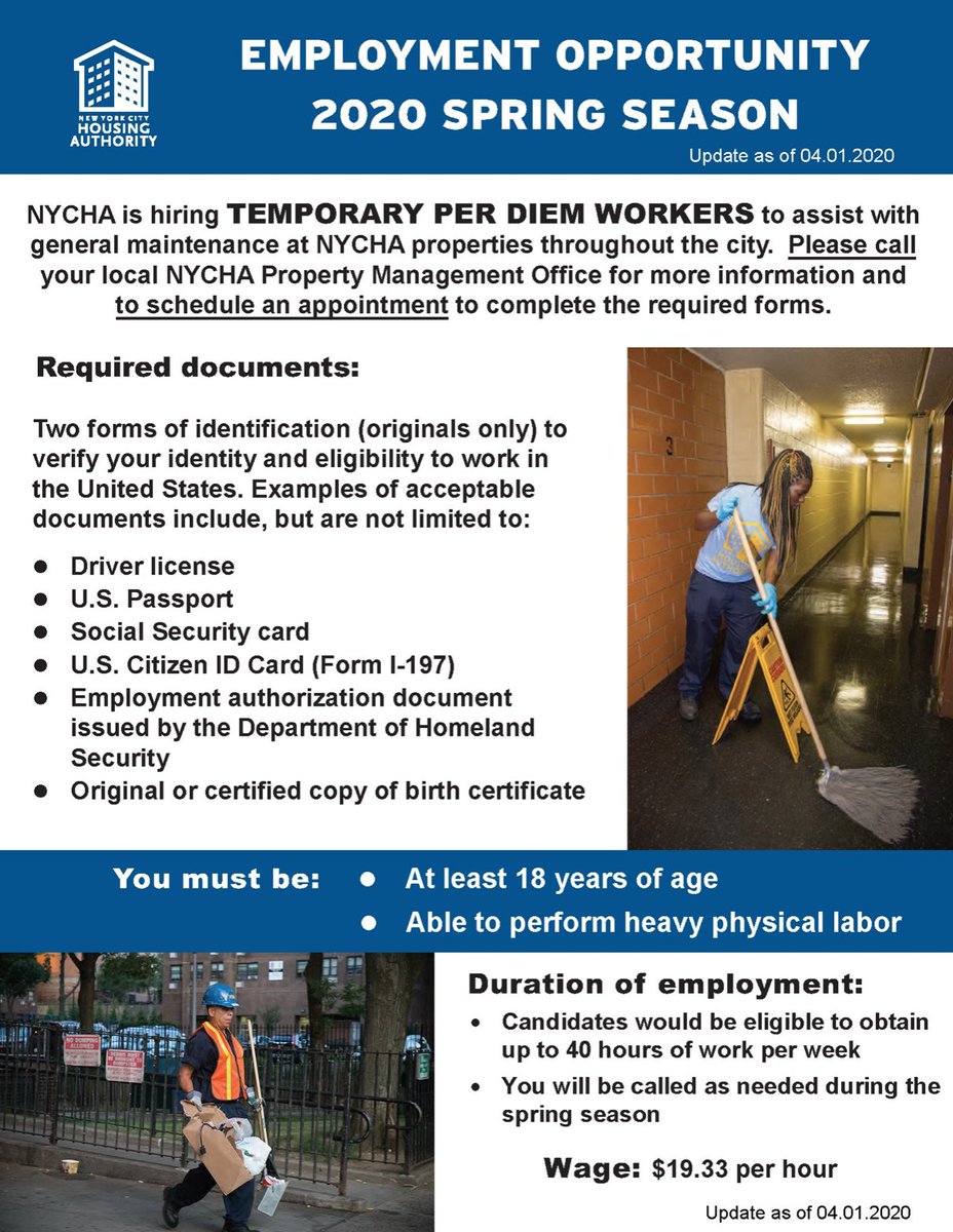 On April 7th, NYCHA put up a post looking to hire maintenance & cleaning staff….TWO DAYS AGO…thousands of people are sick or dead & now they decided to expand their team...plus offer only $19.33 per hour for a RISKY job without masks & such...